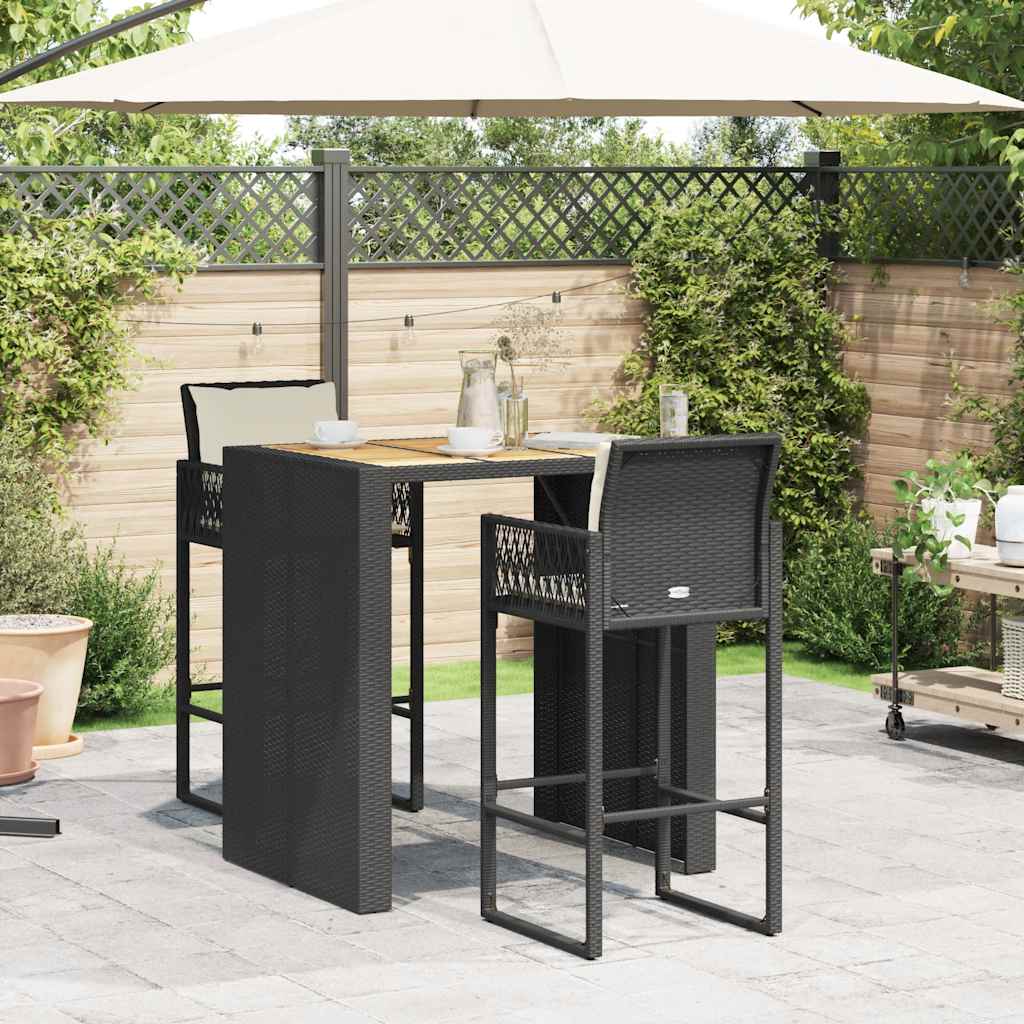 Set Bar da Giardino 3 pz con Cuscini Nero in Polyrattan Acacia