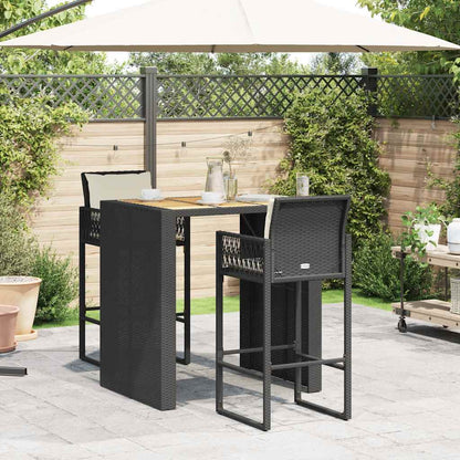 Set Bar da Giardino 3 pz con Cuscini Nero in Polyrattan Acacia