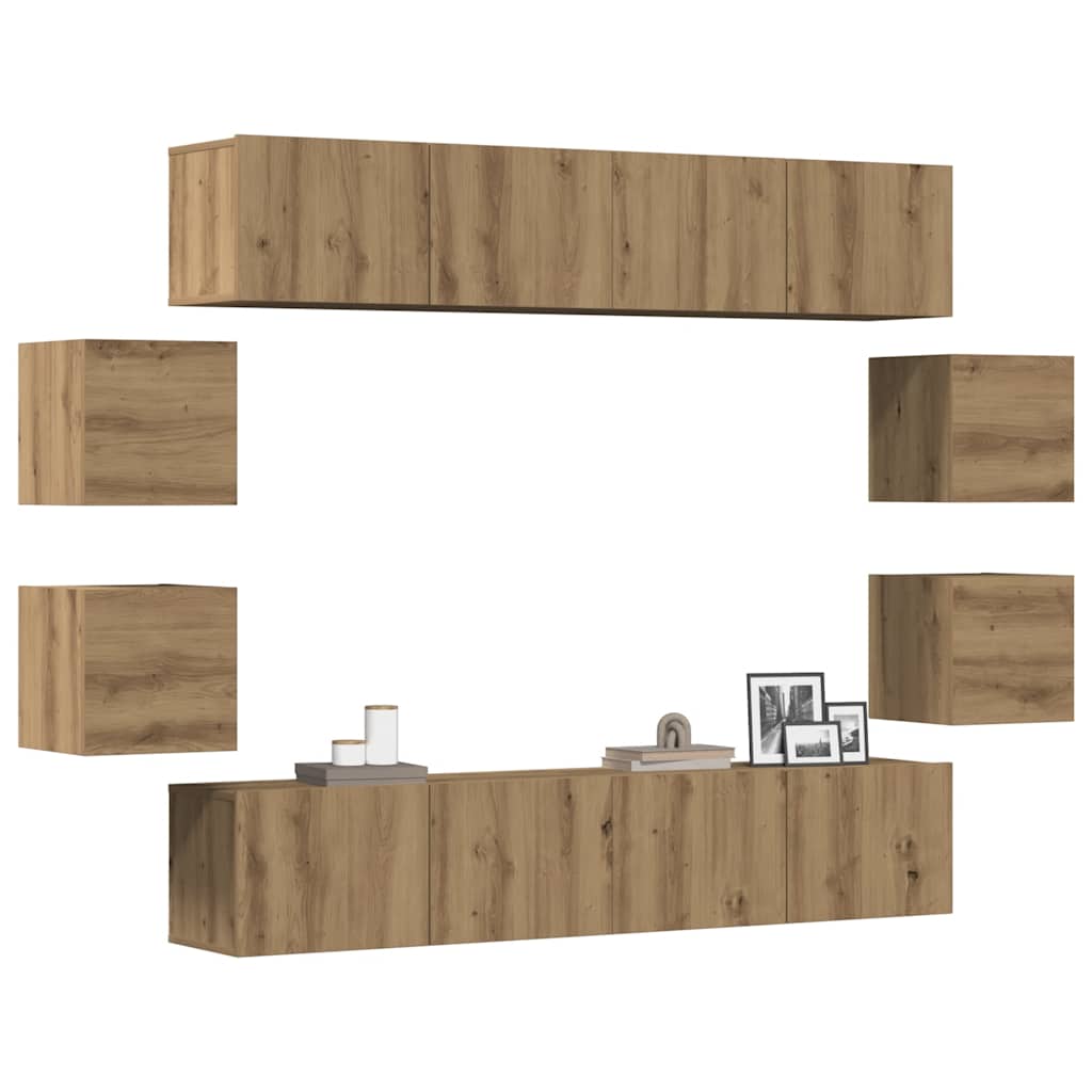 Set Mobile TV 8 pz Montato a Parete Rovere in Legno Multistrato