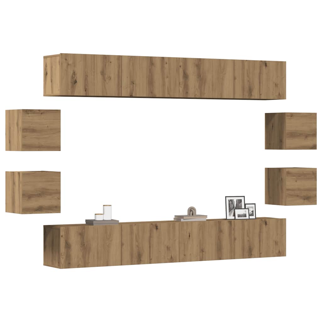 Set Mobile TV 8 pz Montato a Parete Rovere in Legno Multistrato