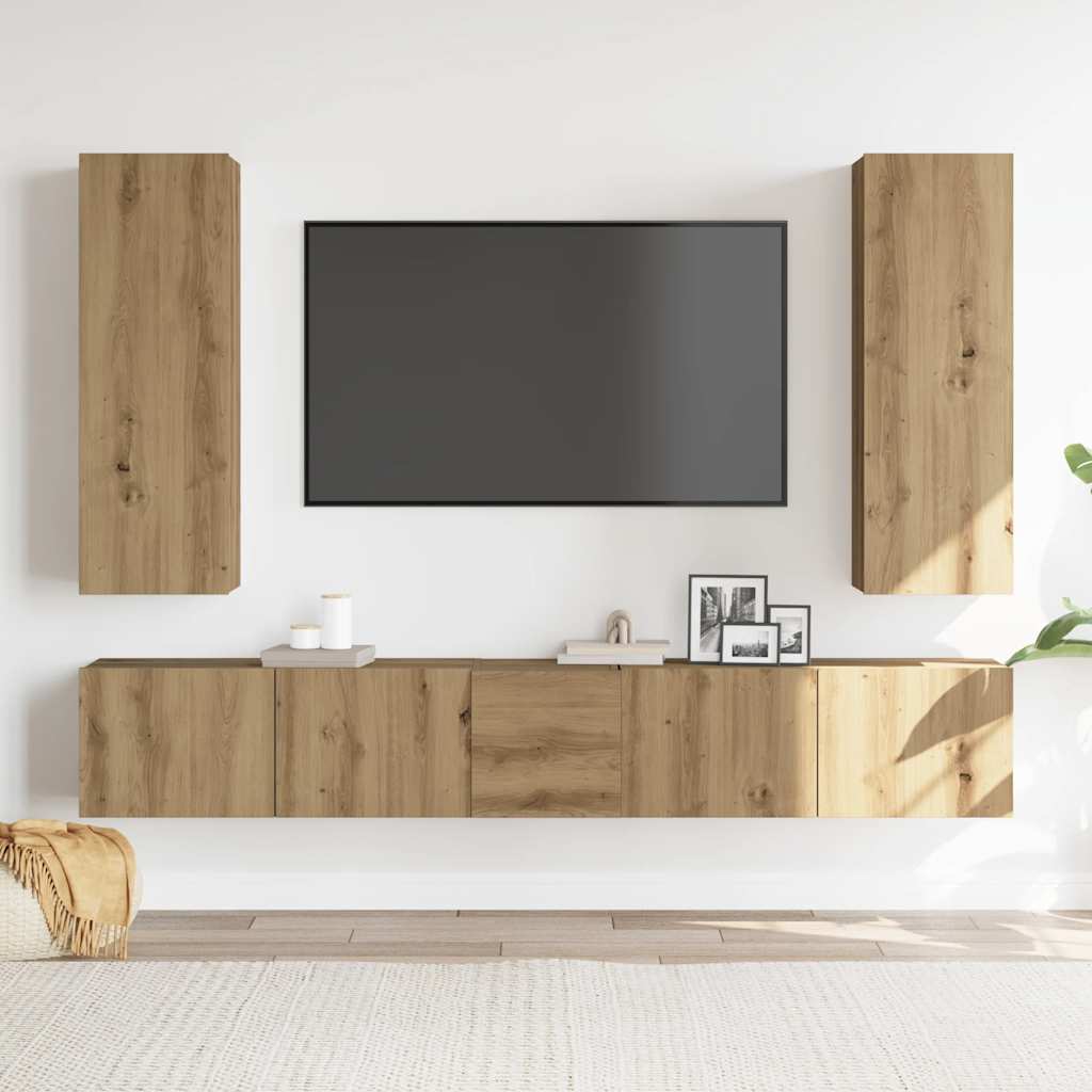 Mobili TV a Parete 5 pz Rovere Artigianale in Legno Multistrato