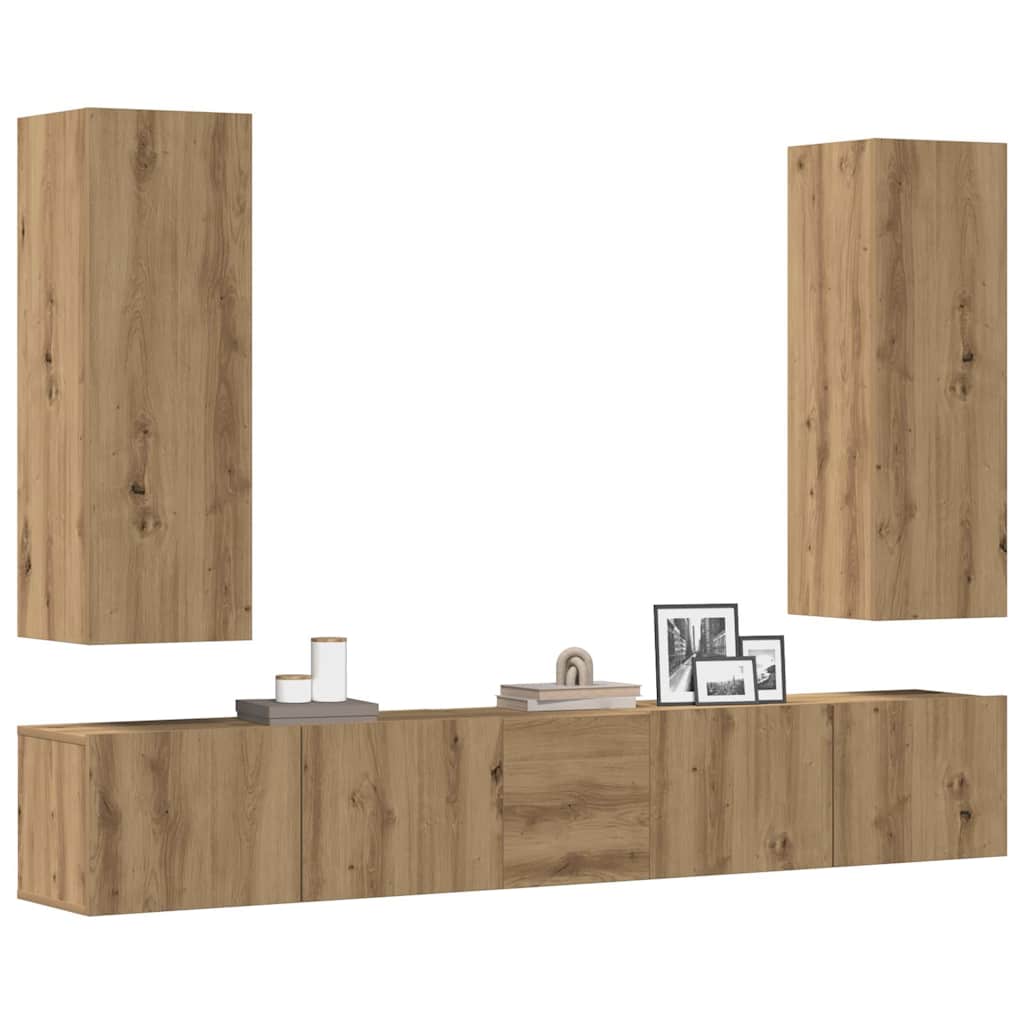 Mobili TV a Parete 5 pz Rovere Artigianale in Legno Multistrato