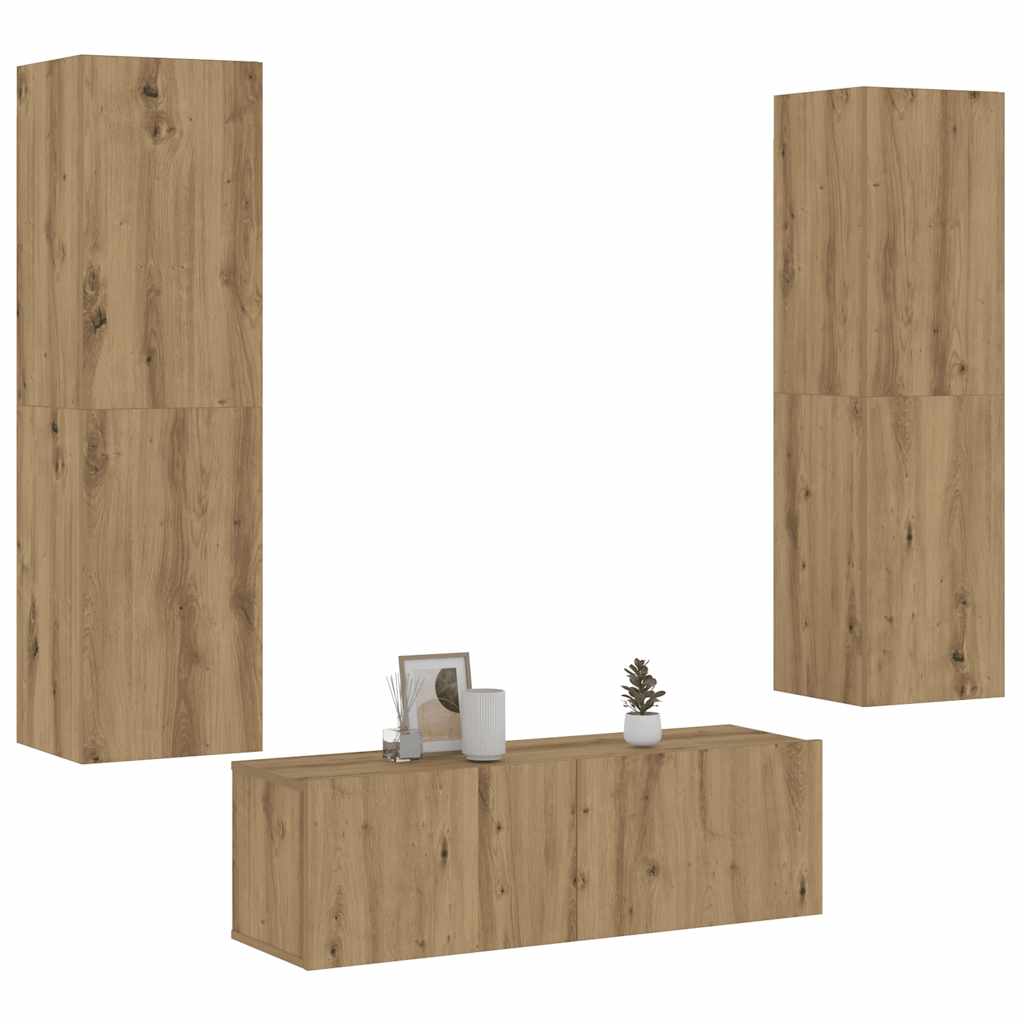 Mobili TV a Parete 3 pz Rovere Artigianale in Legno Multistrato