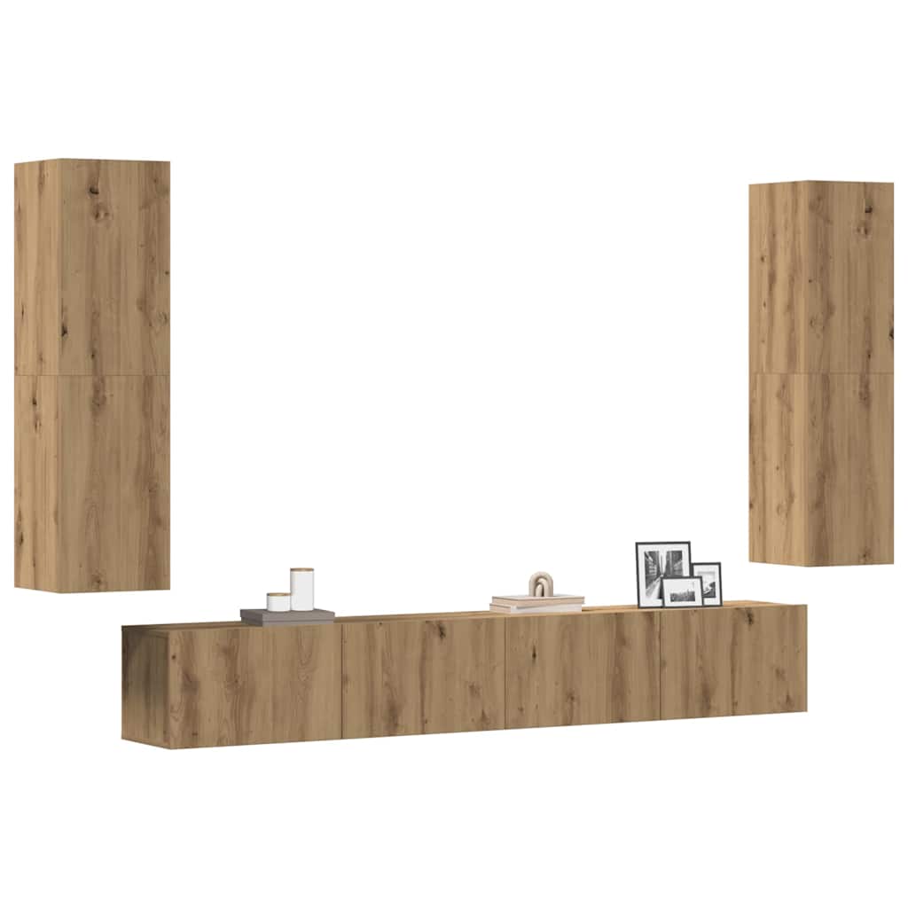 Mobili TV a Parete 4 pz Rovere Artigianale in Legno Multistrato