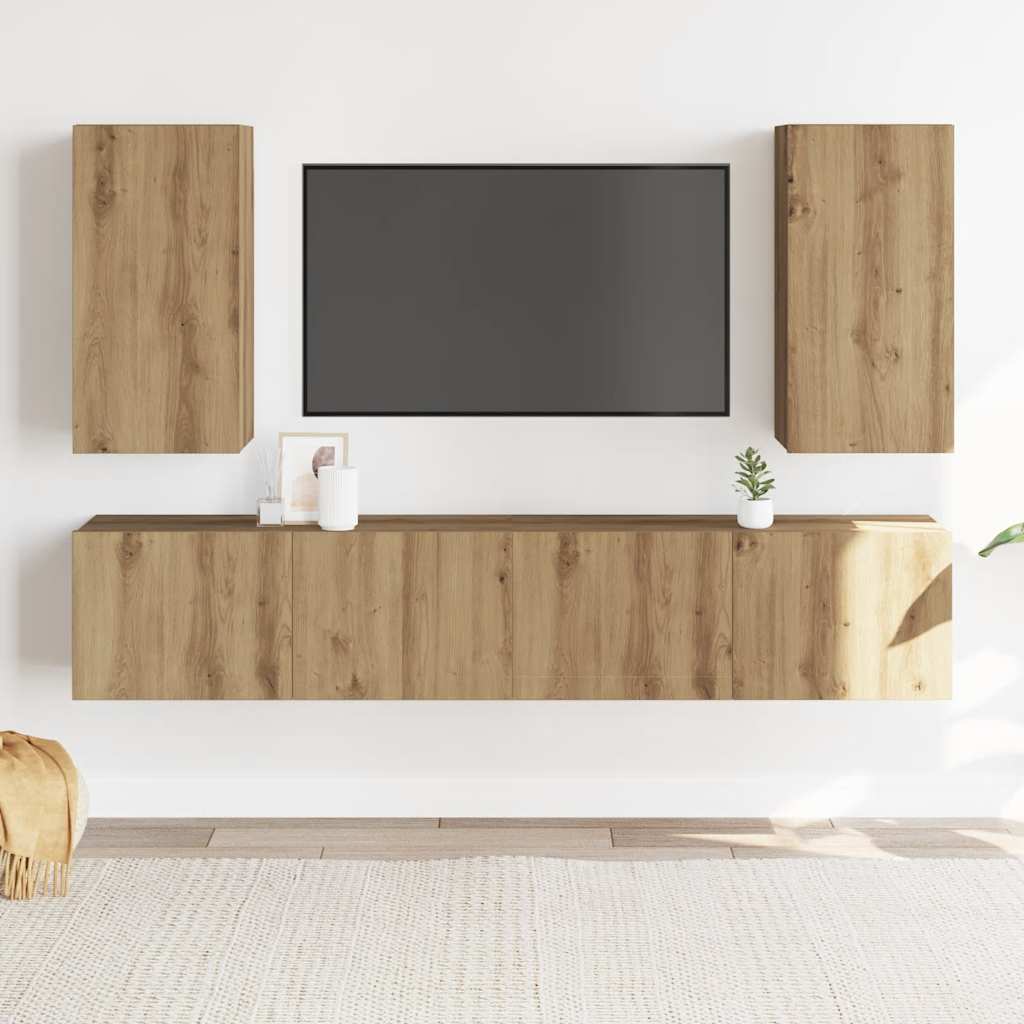 Mobili TV a Parete 4 pz Rovere Artigianale in Legno Multistrato