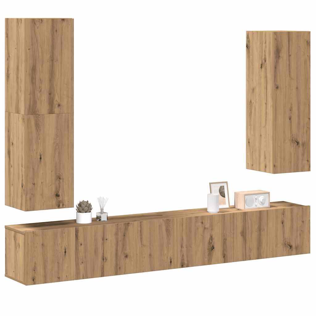 Set Mobile TV 4 pz Montato a Parete Rovere in Legno Multistrato