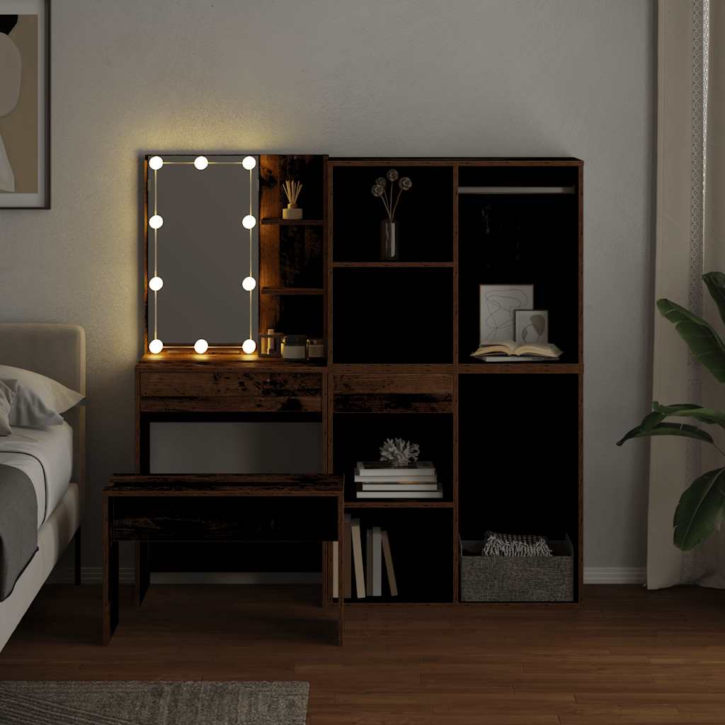 Set Tavolo da Toeletta con LED Legno Antico Legno Multistrato