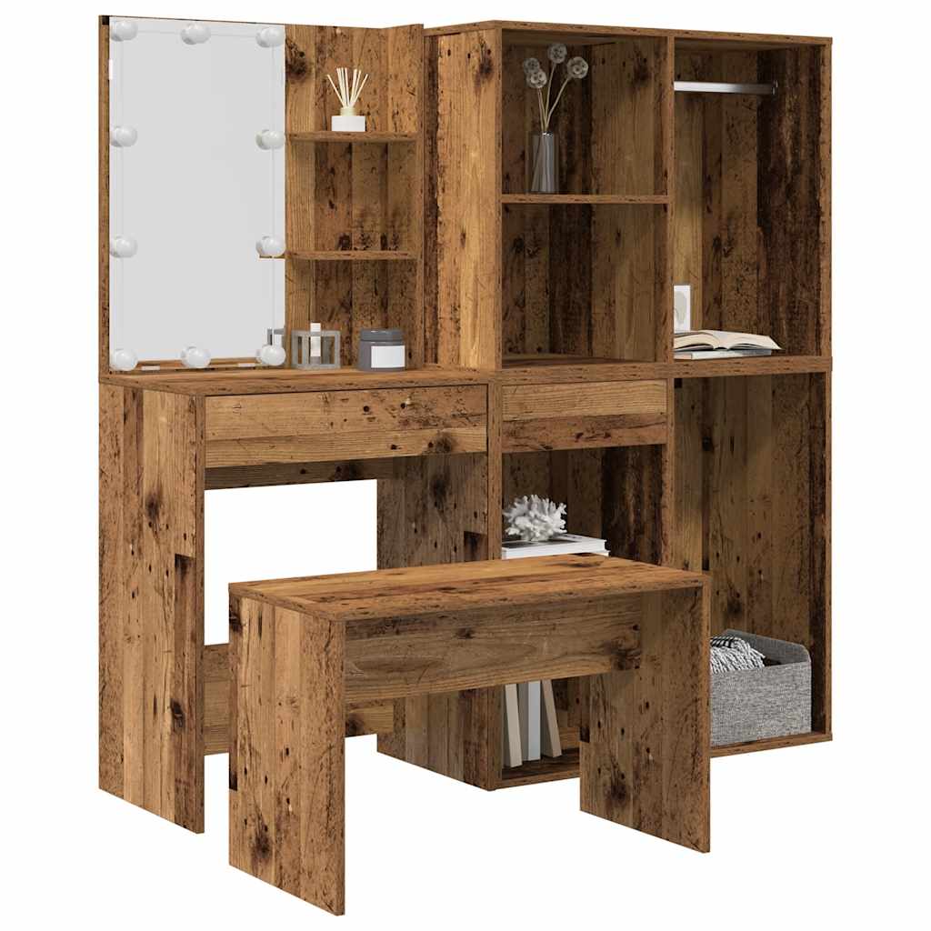 Set Tavolo da Toeletta con LED Legno Antico Legno Multistrato