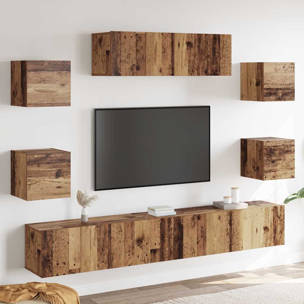 Set Mobile TV 7 pz Montato a Parete Legno Antico in Truciolato