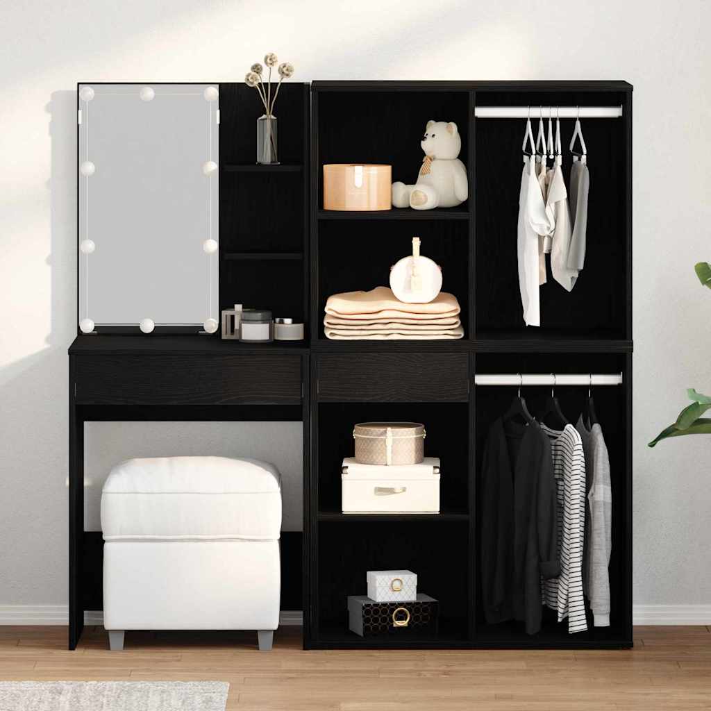 Set Tavolo da Trucco LED Rovere Nero 140 x 40 x 140 cm