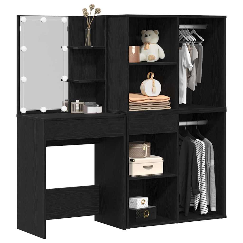 Set Tavolo da Trucco LED Rovere Nero 140 x 40 x 140 cm