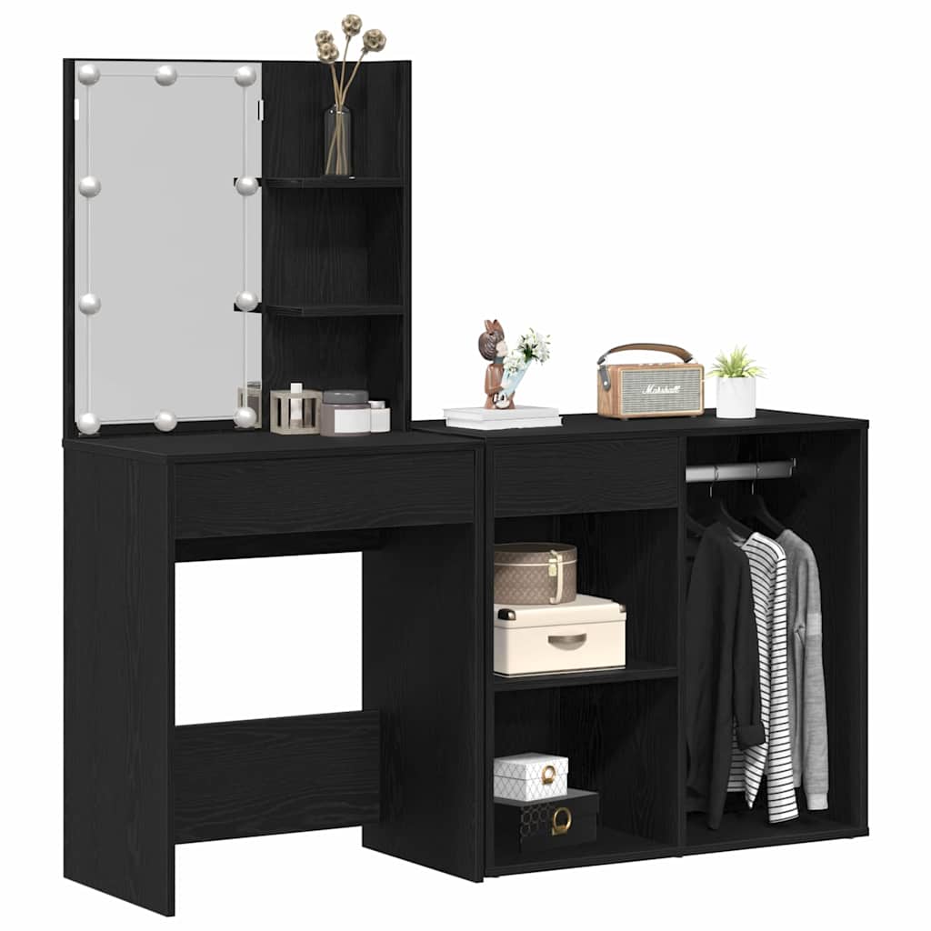 Set Tavolo da Trucco LED Rovere Nero 140 x 40 x 140 cm