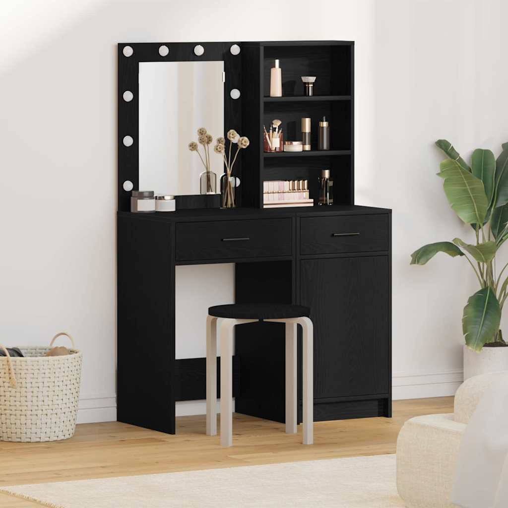 Set da tavolo da trucco con LED con cassetto 2 pcs Rovere Nero