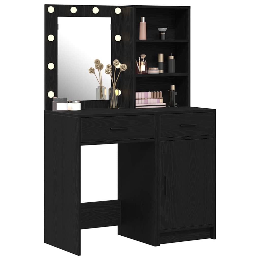 Set da tavolo da trucco con LED con cassetto 2 pcs Rovere Nero