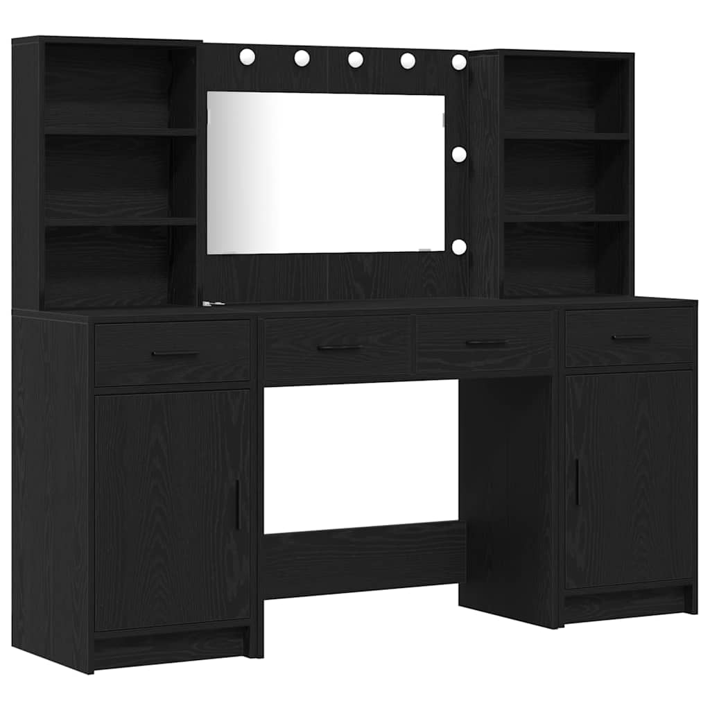 Set da tavolo da trucco con LED con cassetto 3 pcs Rovere Nero