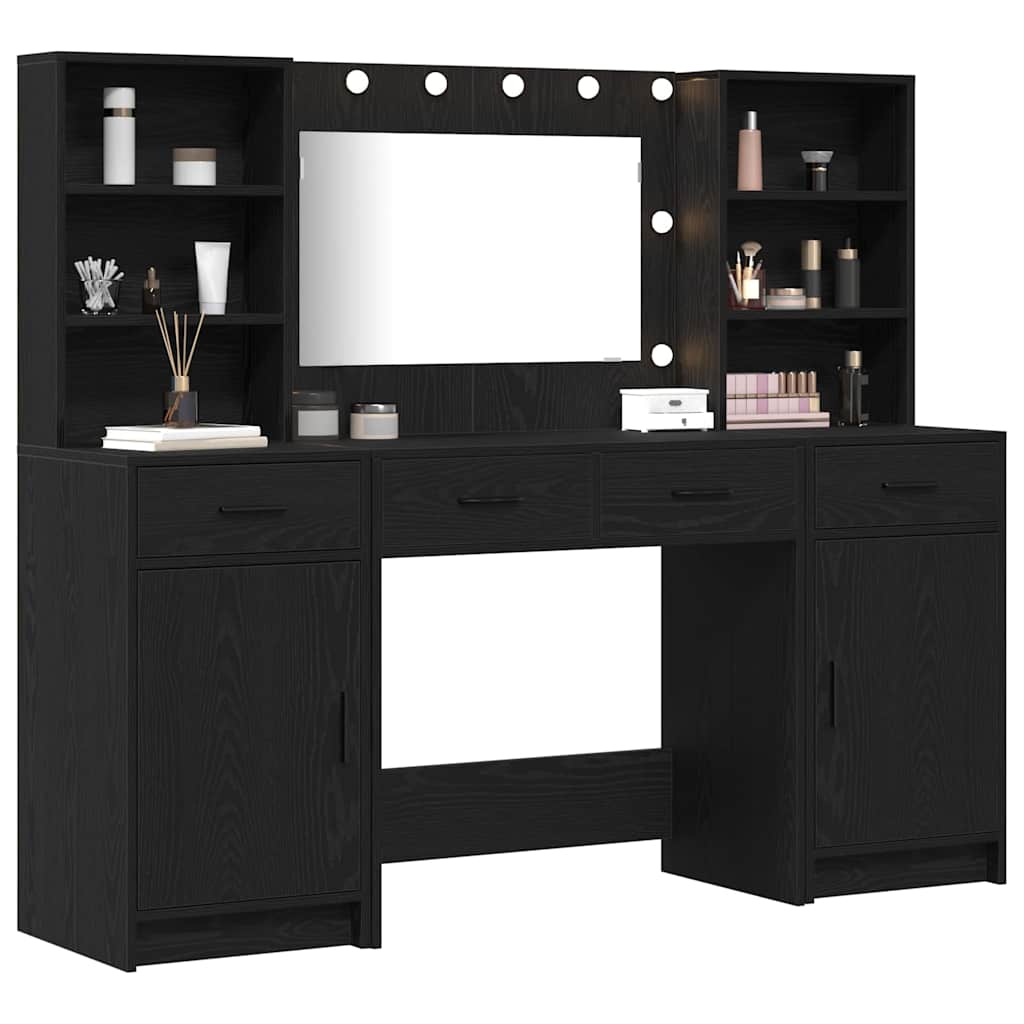 Set da tavolo da trucco con LED con cassetto 3 pcs Rovere Nero