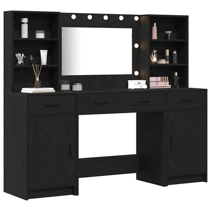 Set da tavolo da trucco con LED con cassetto 3 pcs Rovere Nero