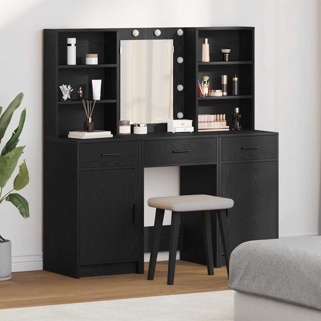 Set da tavolo da trucco con LED con cassetto 3 pcs Rovere Nero