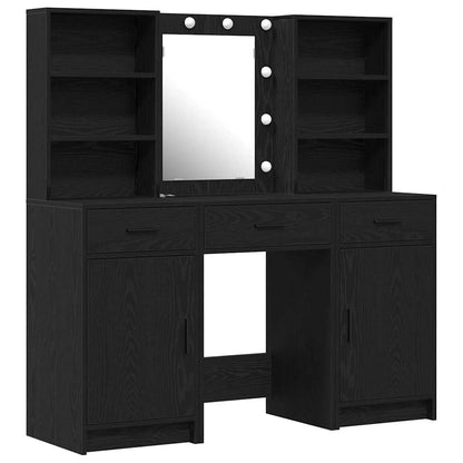 Set da tavolo da trucco con LED con cassetto 3 pcs Rovere Nero