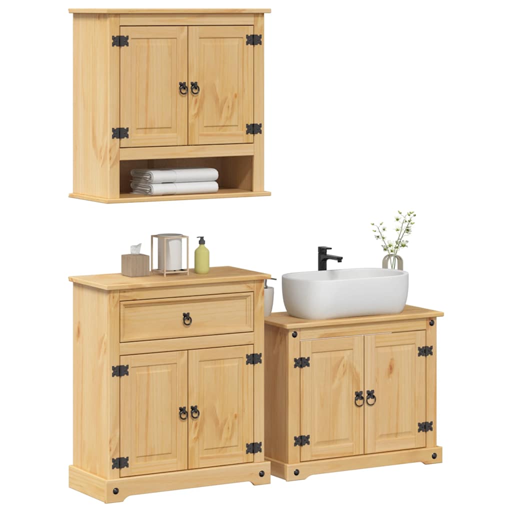 Set Mobili da Bagno 3 pz Corona in Legno Massello di Pino