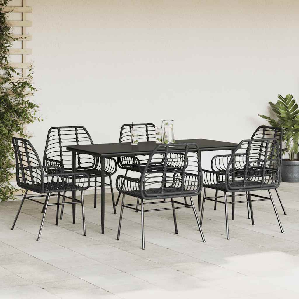 Set Pranzo da Giardino 7 pz Nero Polyrattan Vetro