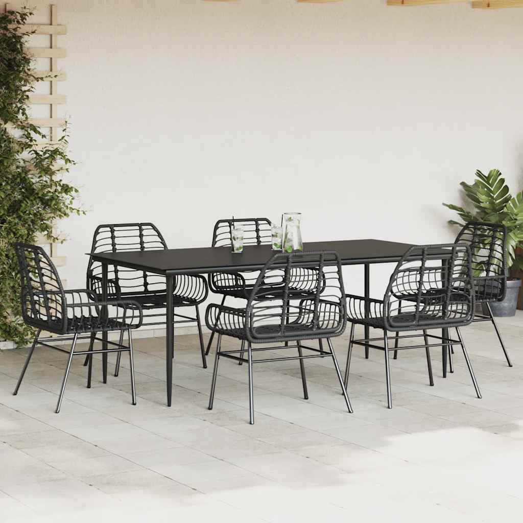 Set Pranzo da Giardino 7 pz Nero Polyrattan Vetro
