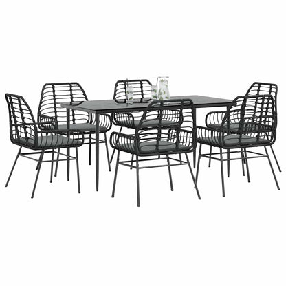 Set Pranzo da Giardino 7 pz Nero con Cuscini Polyrattan Vetro
