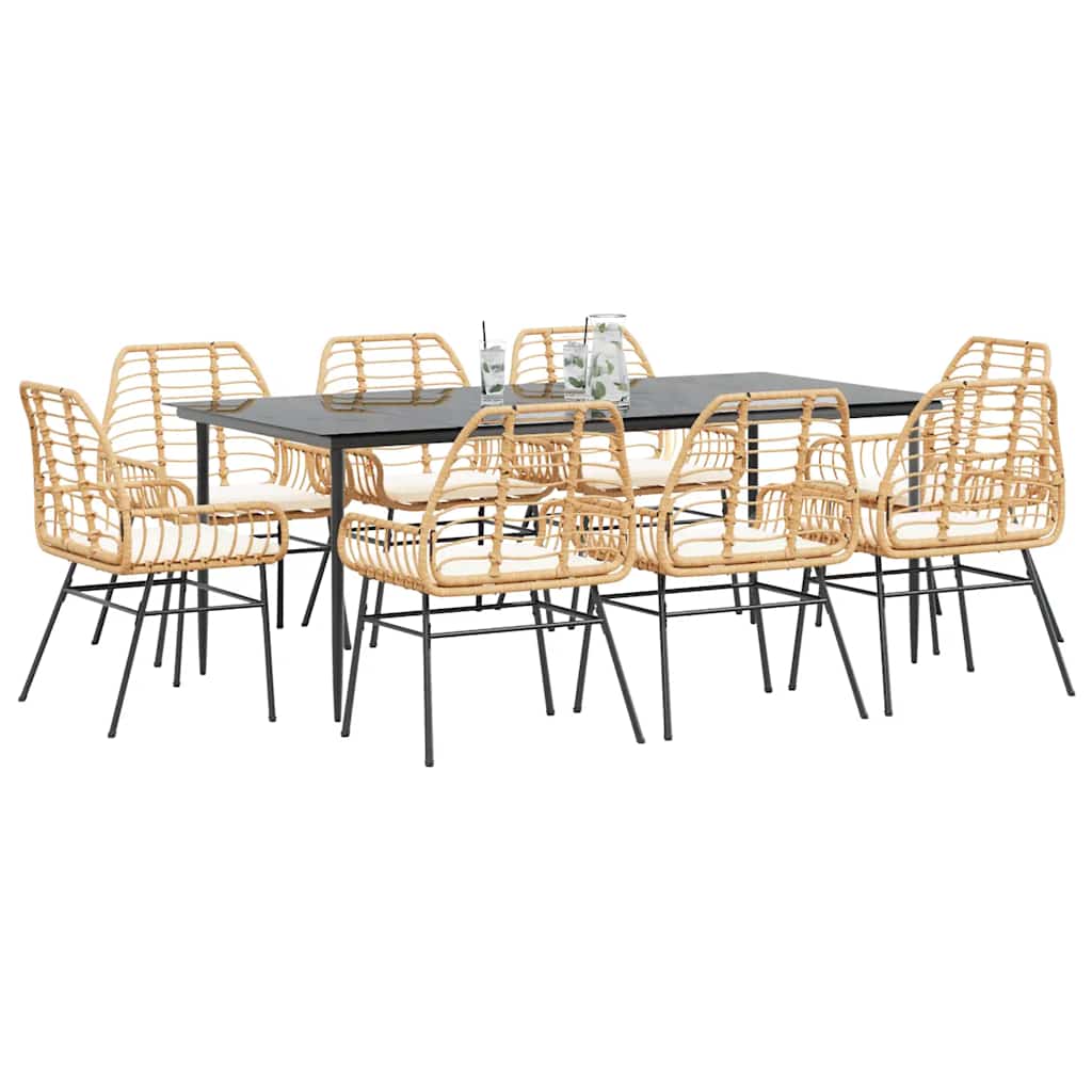 Set da Pranzo da Giardino 9 pz con Cuscini Polyrattan Vetro
