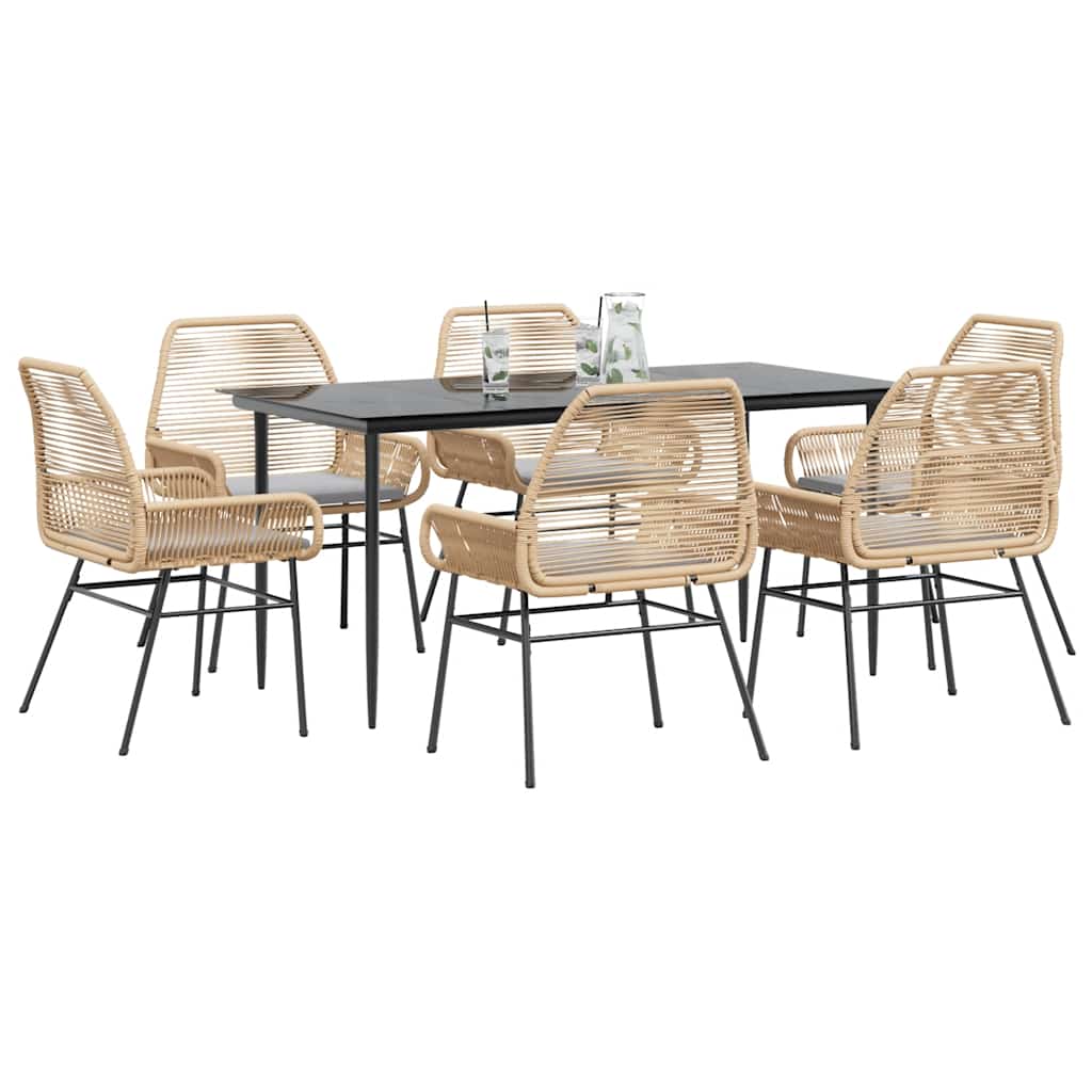 Set Pranzo da Giardino 7pz con Cuscini Marrone Polyrattan Vetro