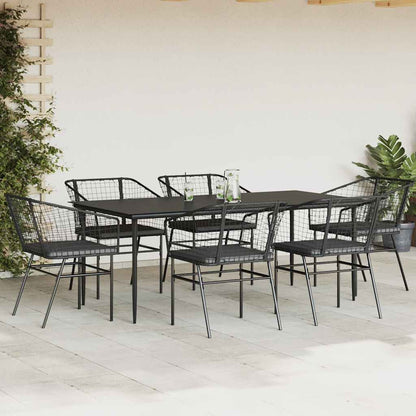 Set Pranzo da Giardino 7 pz Nero con Cuscini Polyrattan Vetro