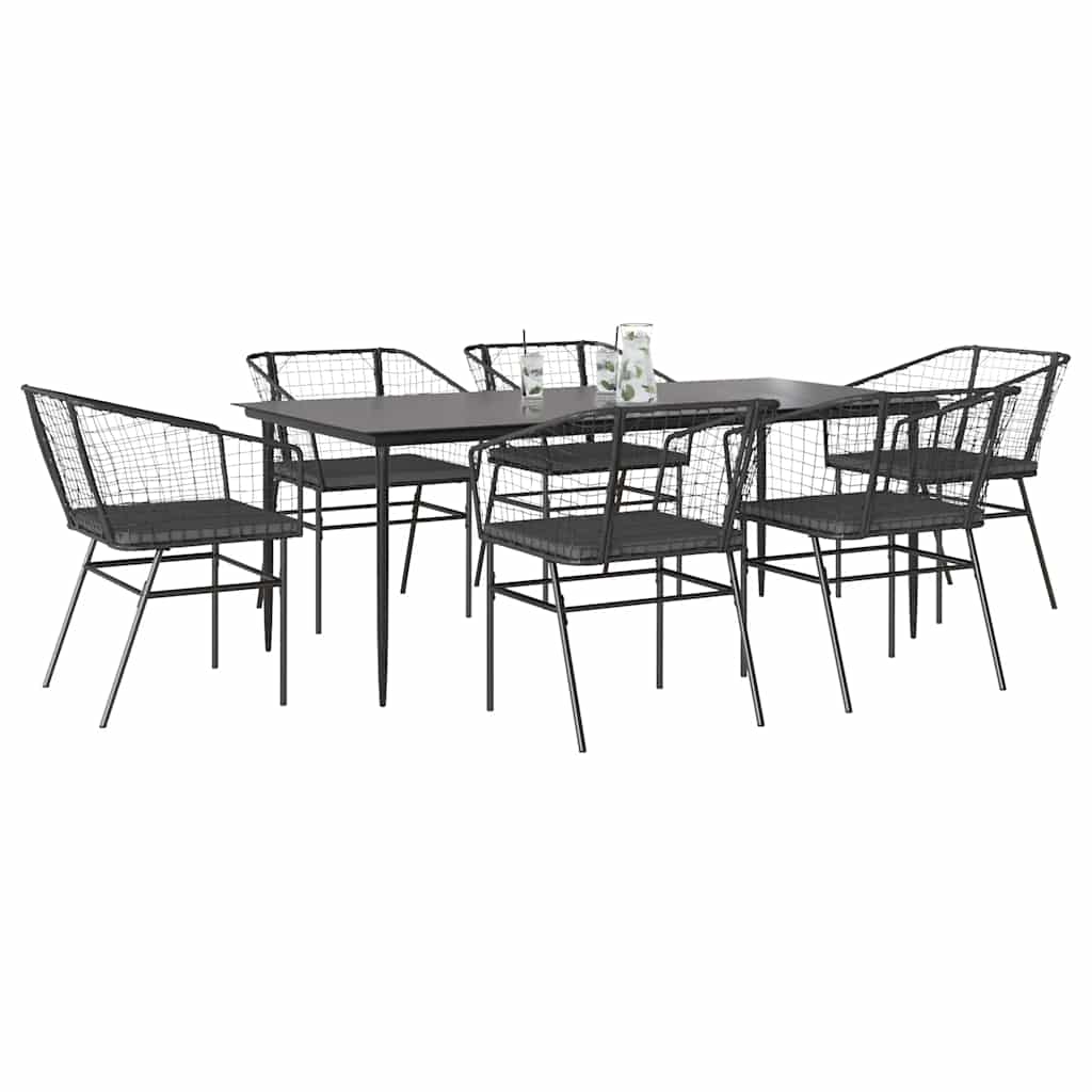 Set Pranzo da Giardino 7 pz Nero con Cuscini Polyrattan Vetro