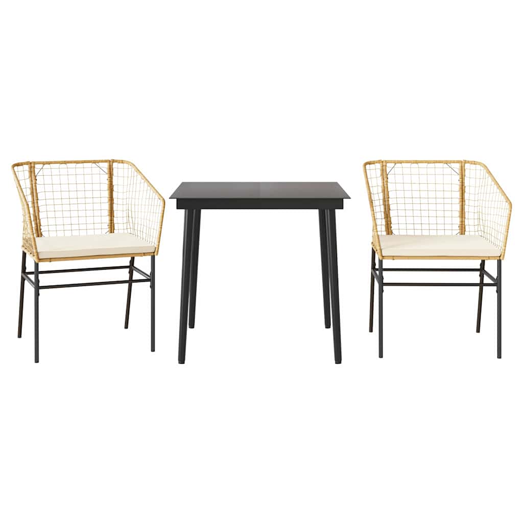 Set da Pranzo da Giardino 3pz con Cuscini Polyrattan Vetro