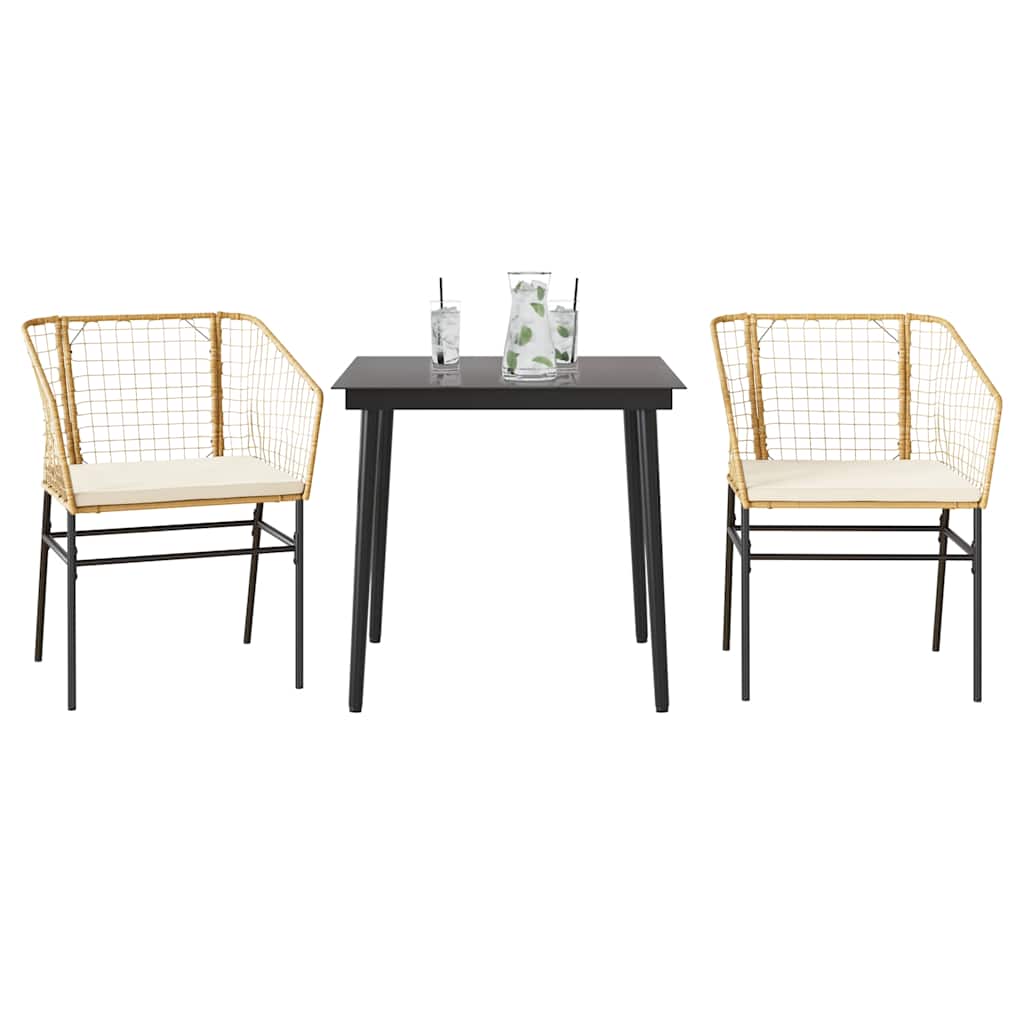 Set da Pranzo da Giardino 3pz con Cuscini Polyrattan Vetro