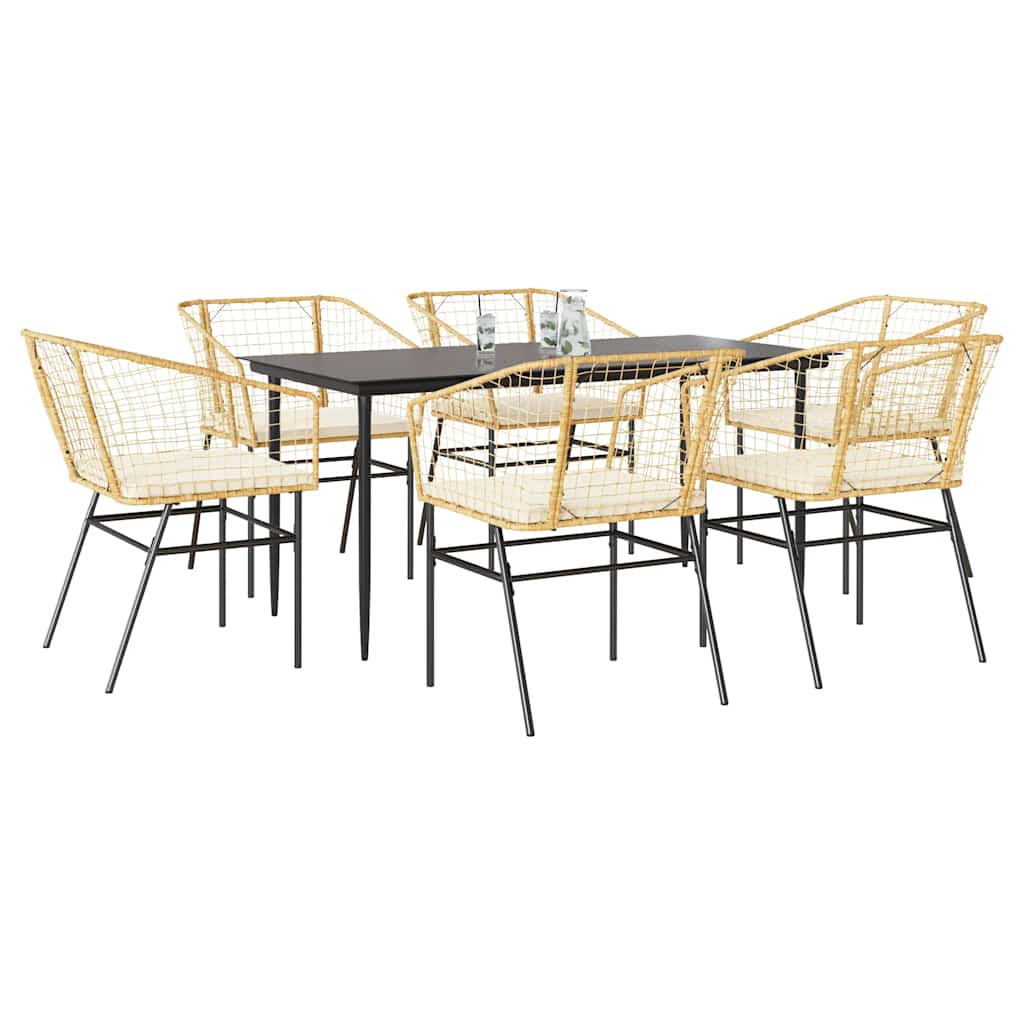 Set Pranzo da Giardino 7pz con Cuscini Marrone Polyrattan Vetro