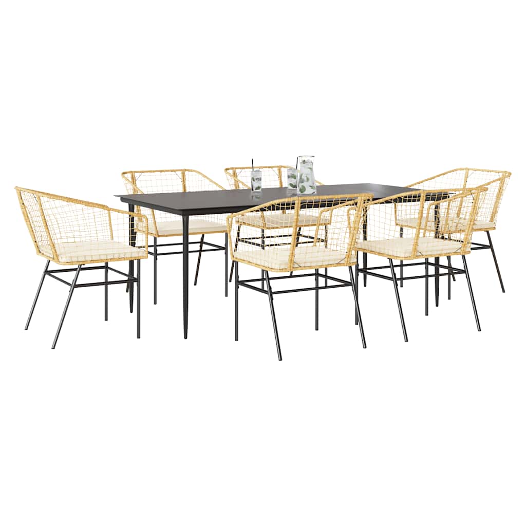 Set Pranzo da Giardino 7pz con Cuscini Marrone Polyrattan Vetro