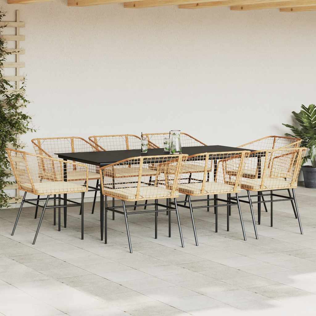 Set da Pranzo da Giardino 9 pz con Cuscini Polyrattan Vetro