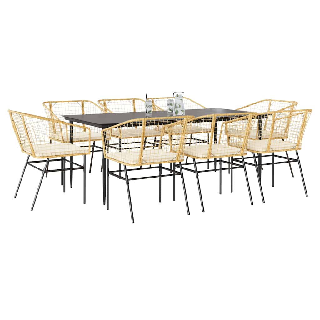 Set da Pranzo da Giardino 9 pz con Cuscini Polyrattan Vetro