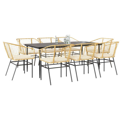 Set da Pranzo da Giardino 9 pz con Cuscini Polyrattan Vetro
