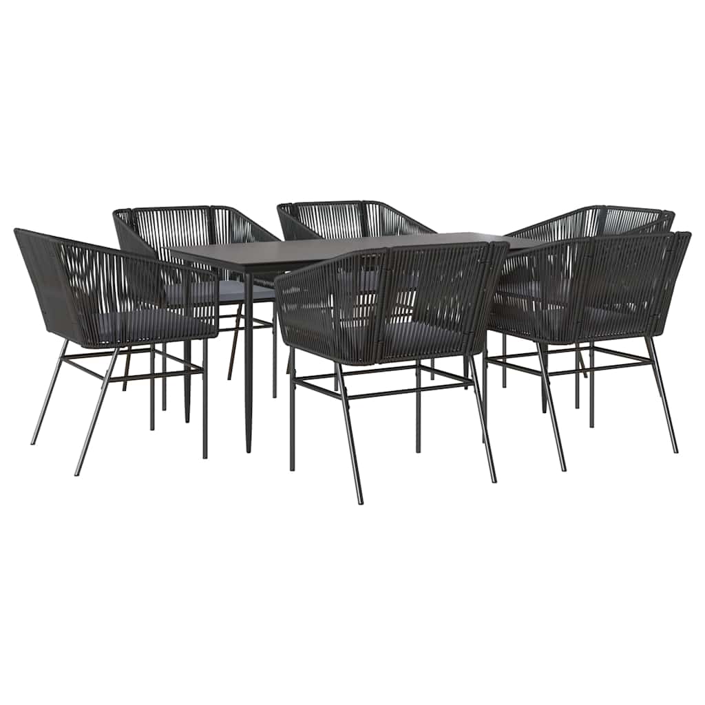 Set Pranzo da Giardino 7 pz Nero con Cuscini Polyrattan Vetro