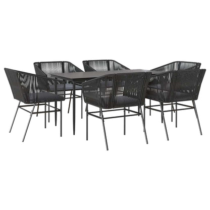 Set Pranzo da Giardino 7 pz Nero con Cuscini Polyrattan Vetro