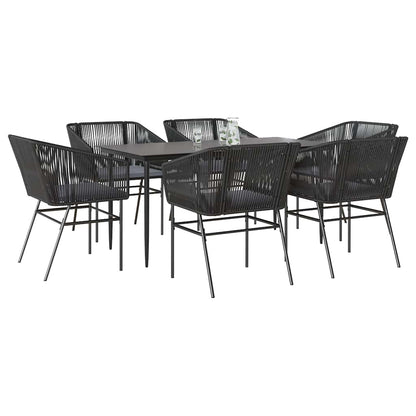 Set Pranzo da Giardino 7 pz Nero con Cuscini Polyrattan Vetro