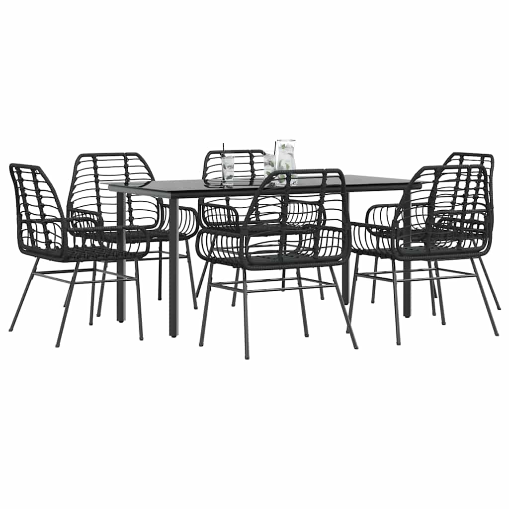 Set Pranzo da Giardino 7 pz Nero Polyrattan Vetro