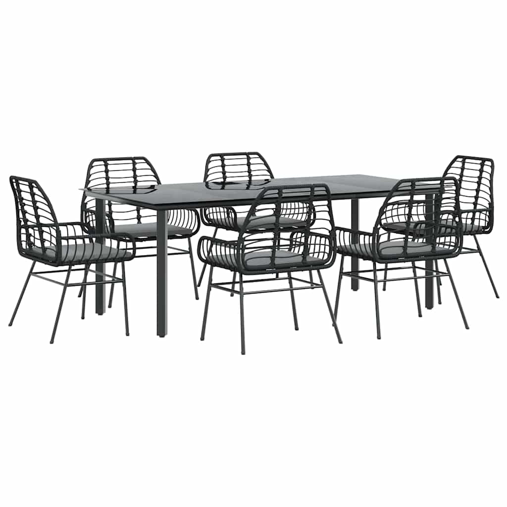 Set Pranzo da Giardino 7 pz Nero con Cuscini Polyrattan Vetro