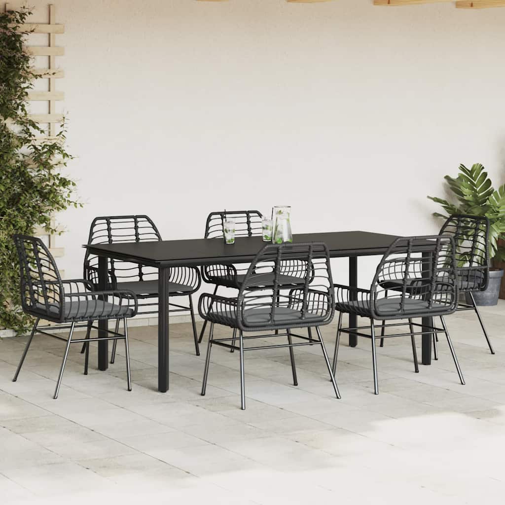Set Pranzo da Giardino 7 pz Nero con Cuscini Polyrattan Vetro