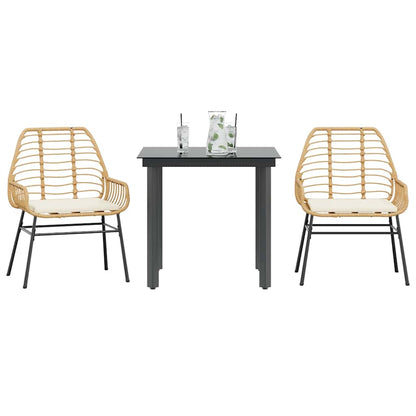Set da Pranzo da Giardino 3pz con Cuscini Polyrattan Vetro