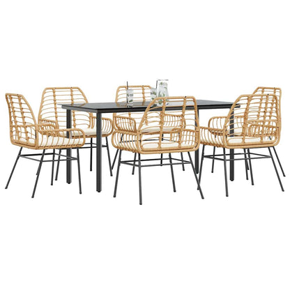 Set Pranzo da Giardino 7pz con Cuscini Marrone Polyrattan Vetro