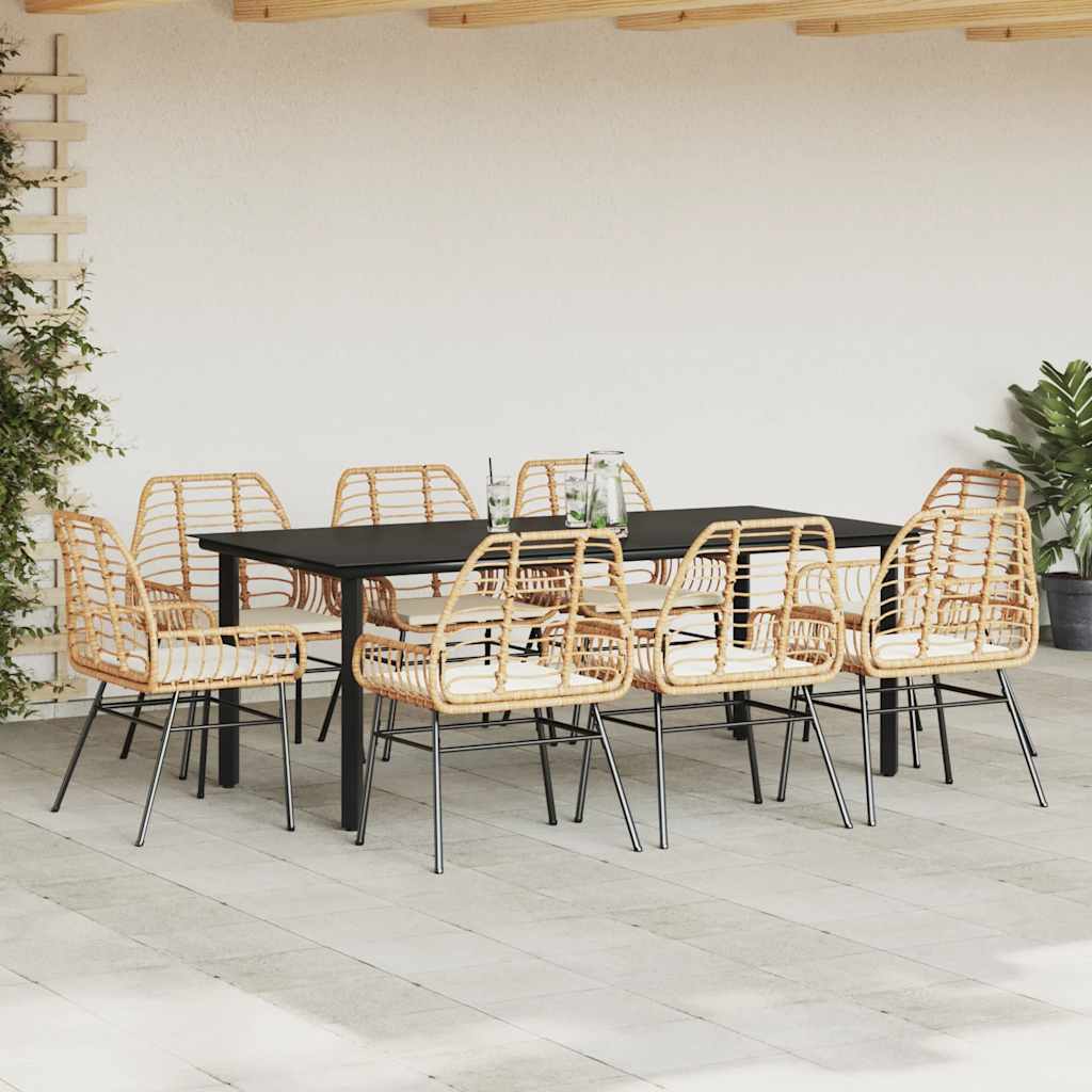 Set da Pranzo da Giardino 9 pz con Cuscini Polyrattan Vetro