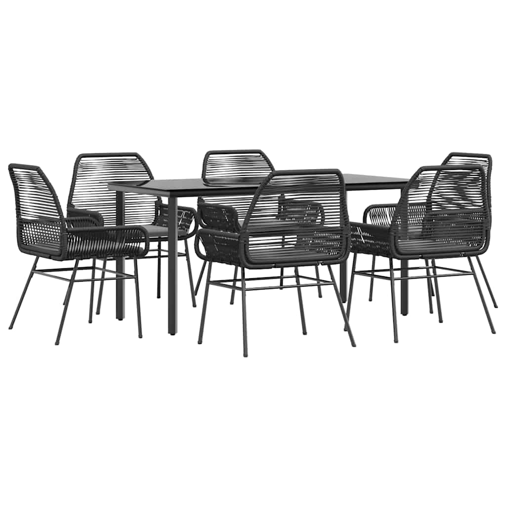 Set Pranzo da Giardino 7 pz Nero con Cuscini Polyrattan Vetro