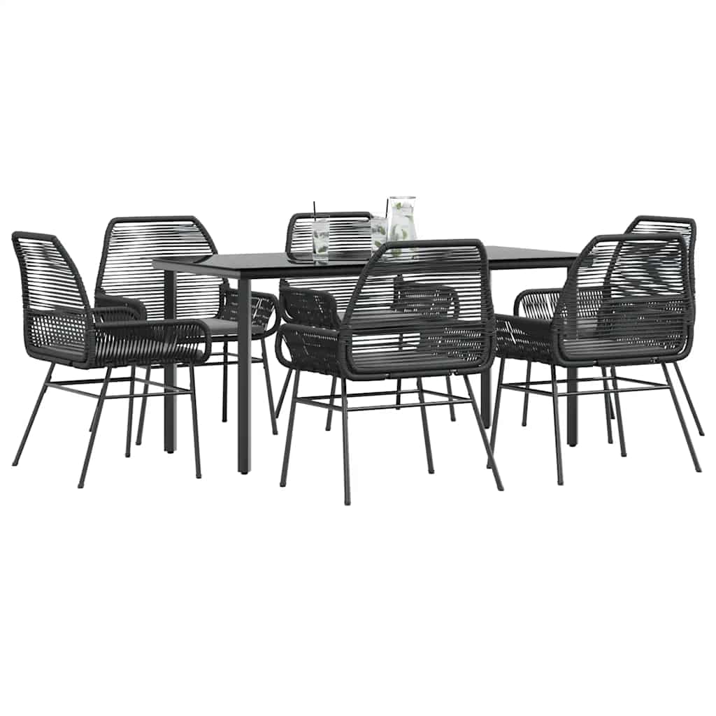 Set Pranzo da Giardino 7 pz Nero con Cuscini Polyrattan Vetro