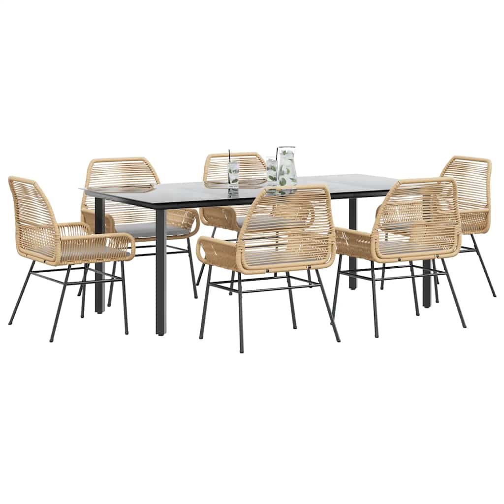 Set Pranzo da Giardino 7pz con Cuscini Marrone Polyrattan Vetro